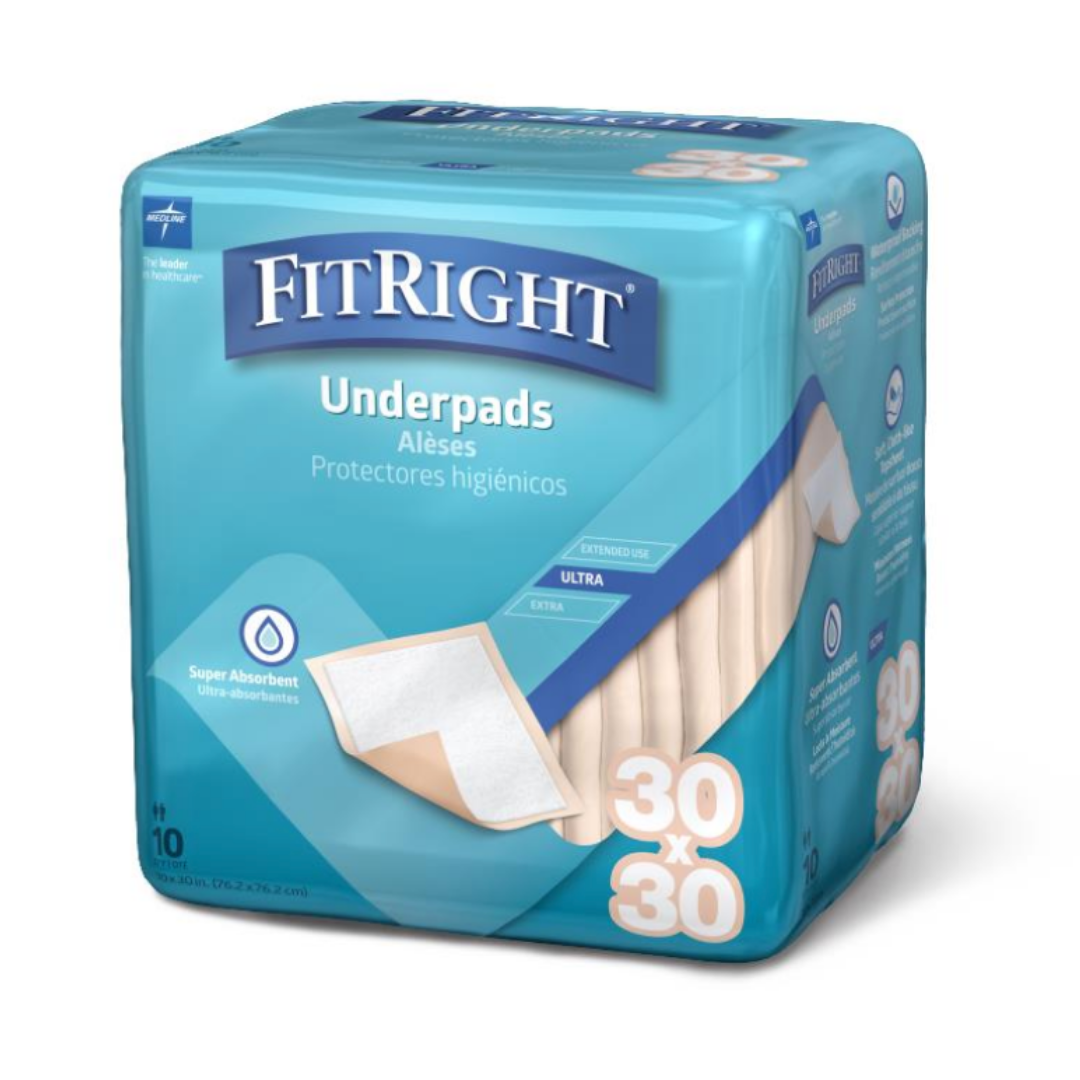A pack of Medline FitRight Underpads, 30x30 inches, high absorbency, contains 10 ultra-absorbent pads. The blue package displays product info in English and Spanish and shows an image of the incontinence pad.